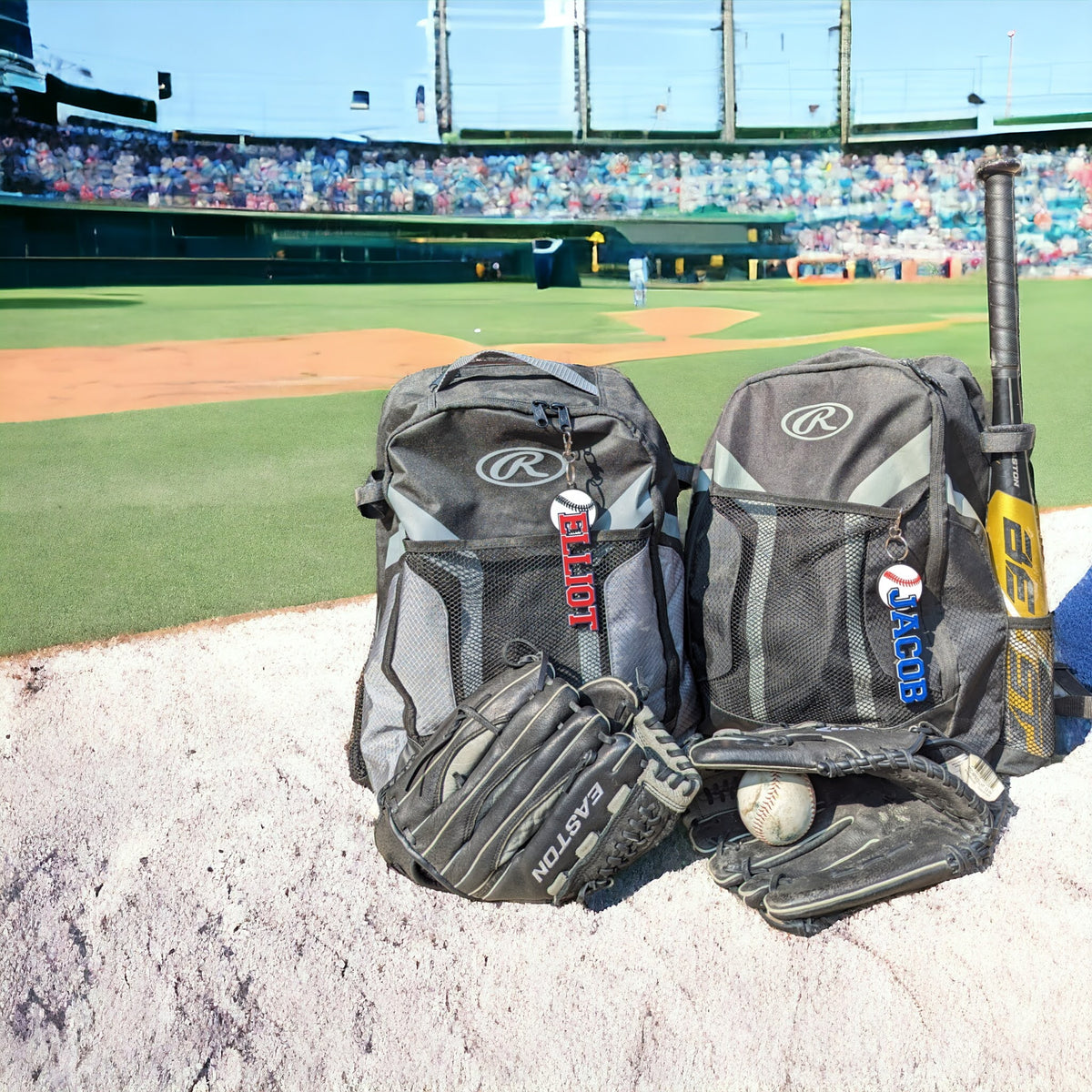 Personalized baseball bag tags on a baseball field