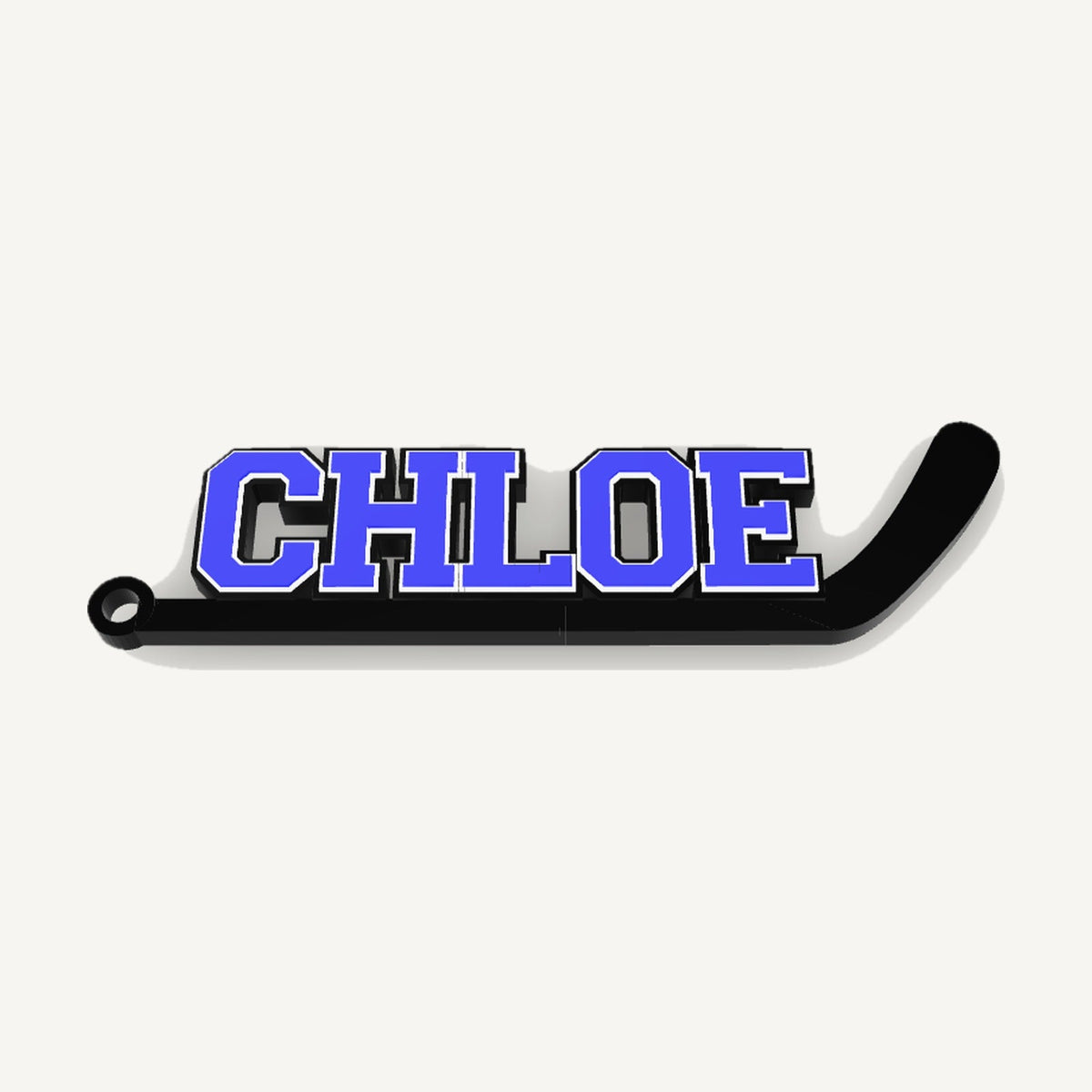 Personalized field hockey bag tag "CHLOE" in blue, white and black, 3D preview