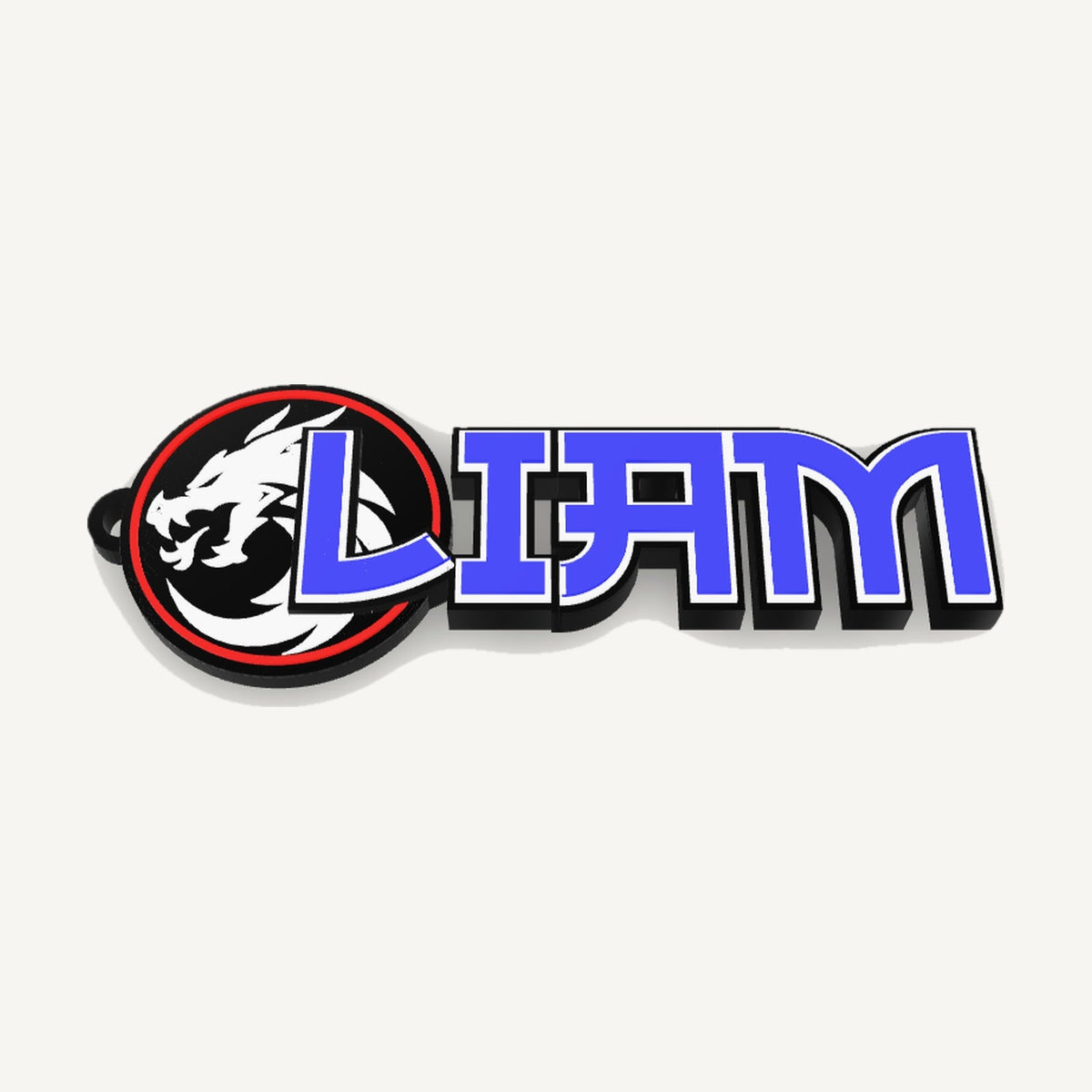 Personalized karate bag tag "LIAM" in blue, white and black, 3D preview