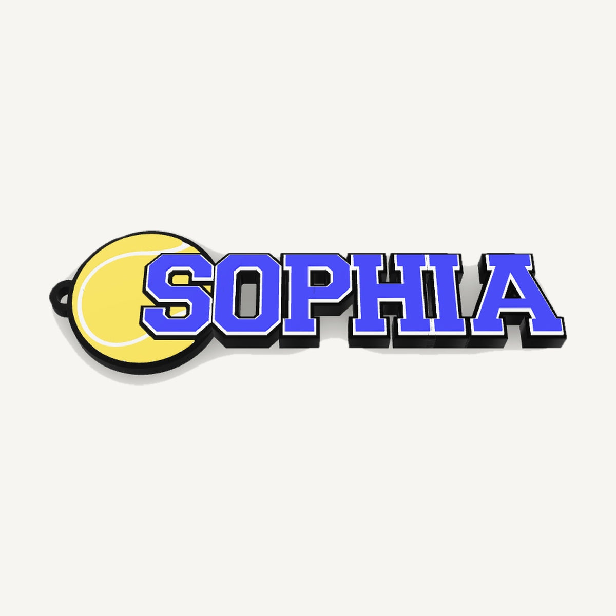 Personalized tennis bag tag "SOPHIA" in blue, white and black, 3D preview