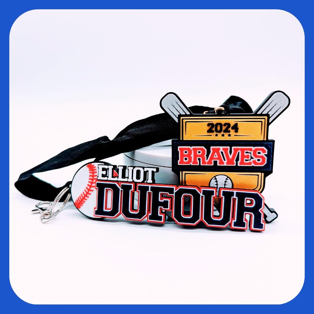 Baseball medal and personalized name tag with team name on a black ribbon
