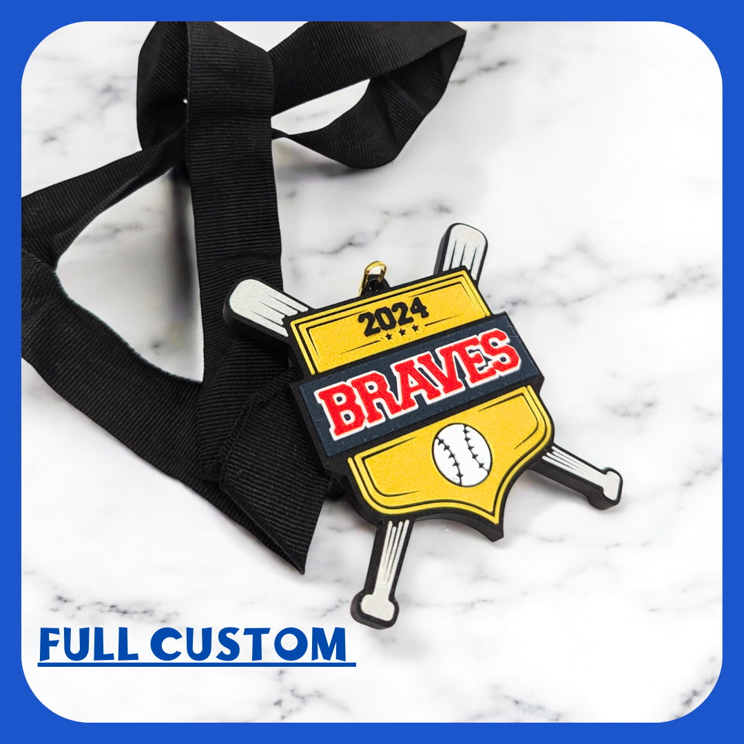 Custom baseball medal with gold shield, crossed bats, team name and 2024, black ribbon