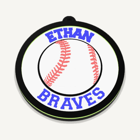Custom round baseball medal "ETHAN" "BRAVES" in blue with baseball design, 3D preview