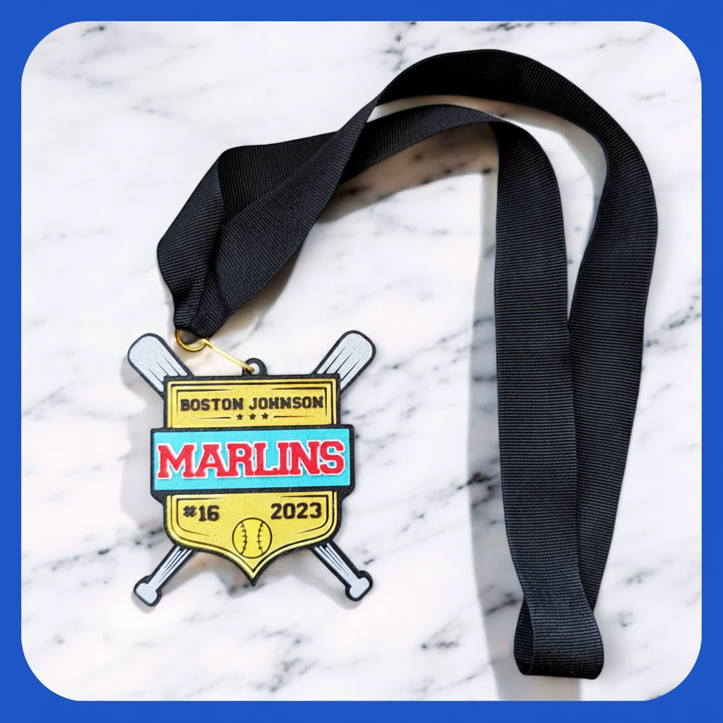 Custom softball medal and bag tag with yellow ball, end-of-season award