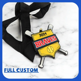 Custom softball medal with yellow ball, team name, year and player name
