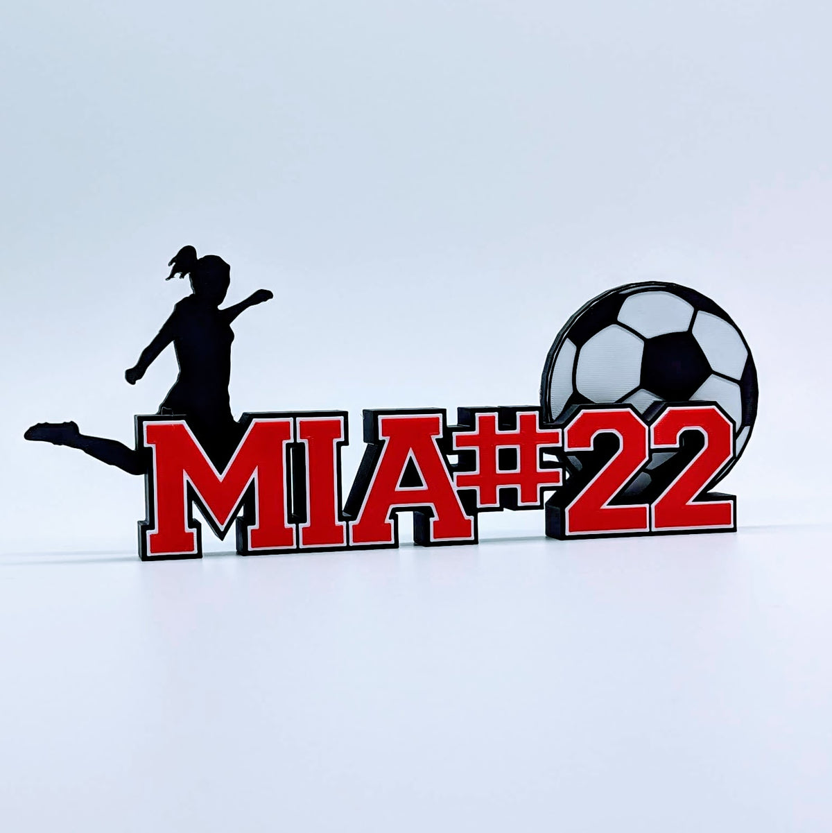 Girls soccer nameplate "MIA #22" in red with number and soccer ball