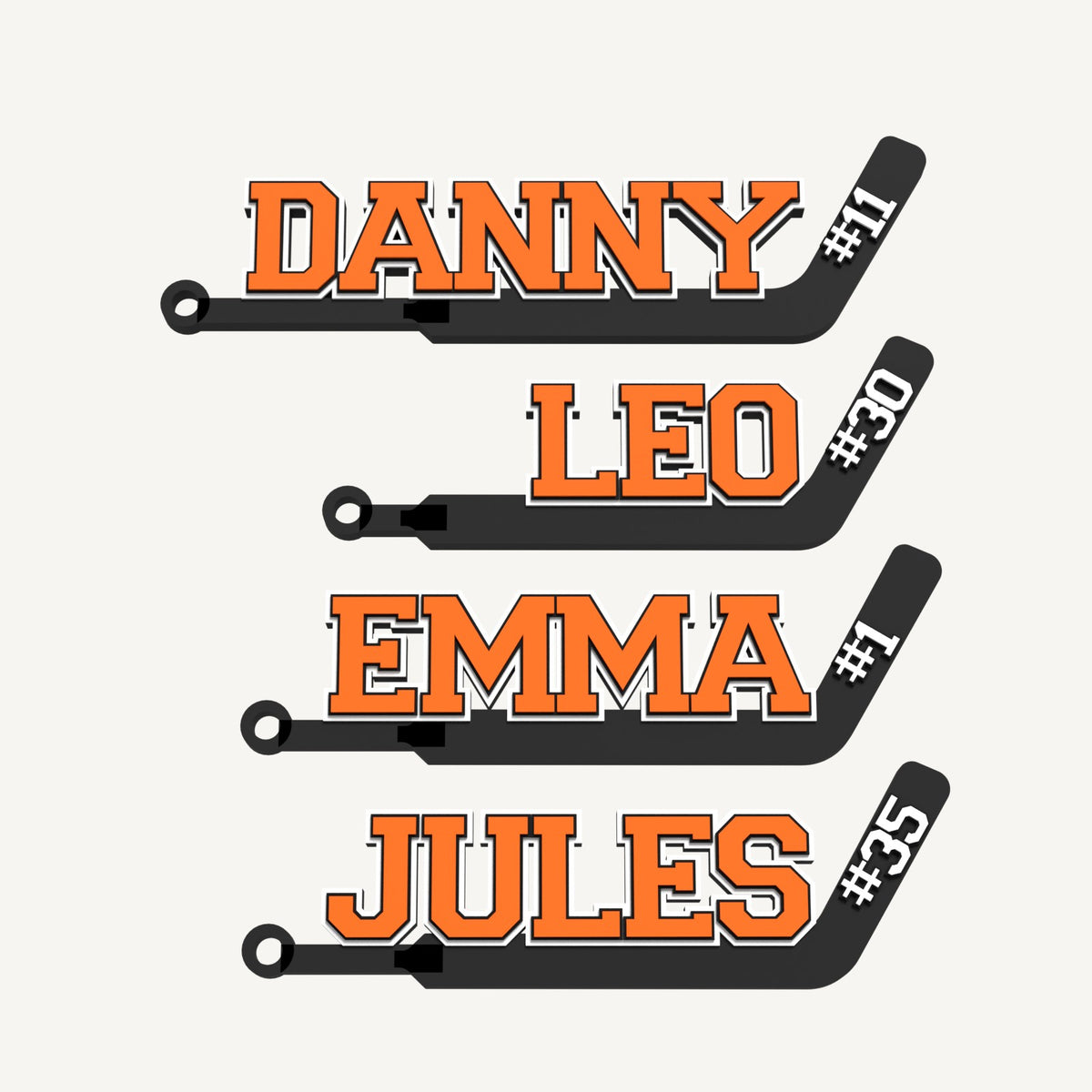 Set of four personalized hockey goalie stick bag tags in orange and black: DANNY #11, LEO #30, EMMA #1 and JULES #35