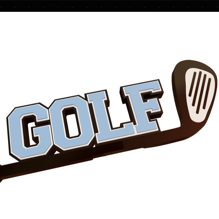 Golf bag tag in light blue with golf club design