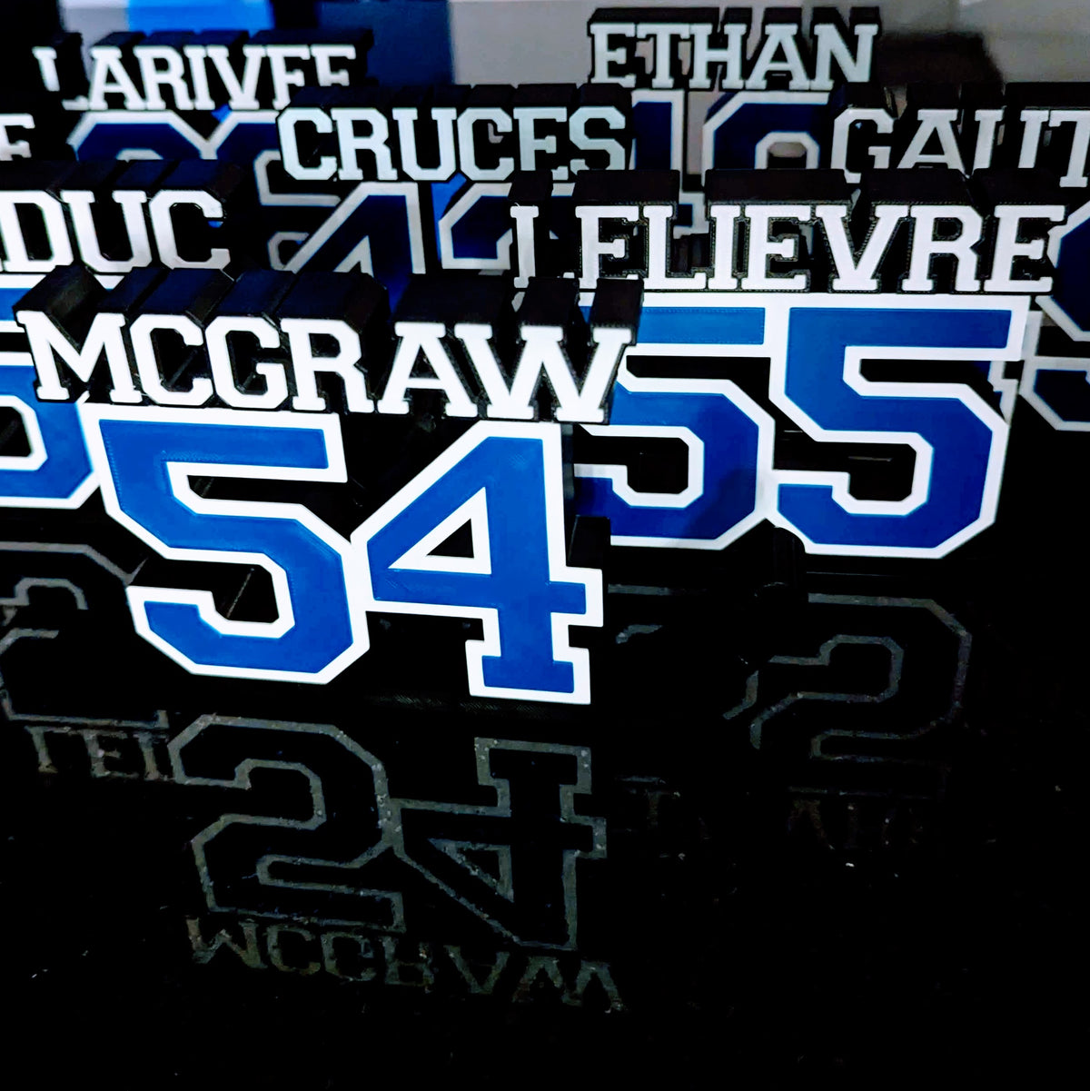 Team set of personalized hockey jersey number nameplates in blue, white and black for a whole hockey team