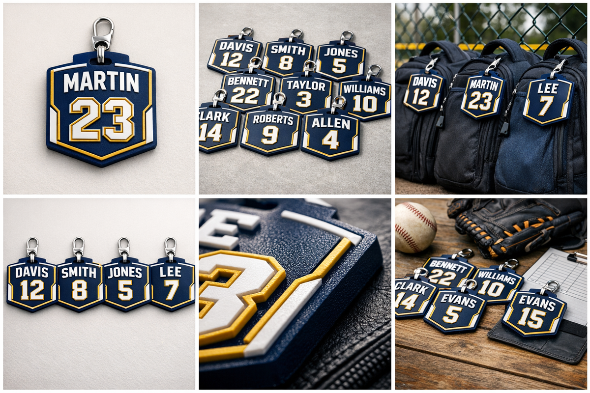 Navy and gold shield bag tags with player names and numbers on team backpacks