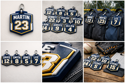 Navy and gold shield bag tags with player names and numbers on team backpacks