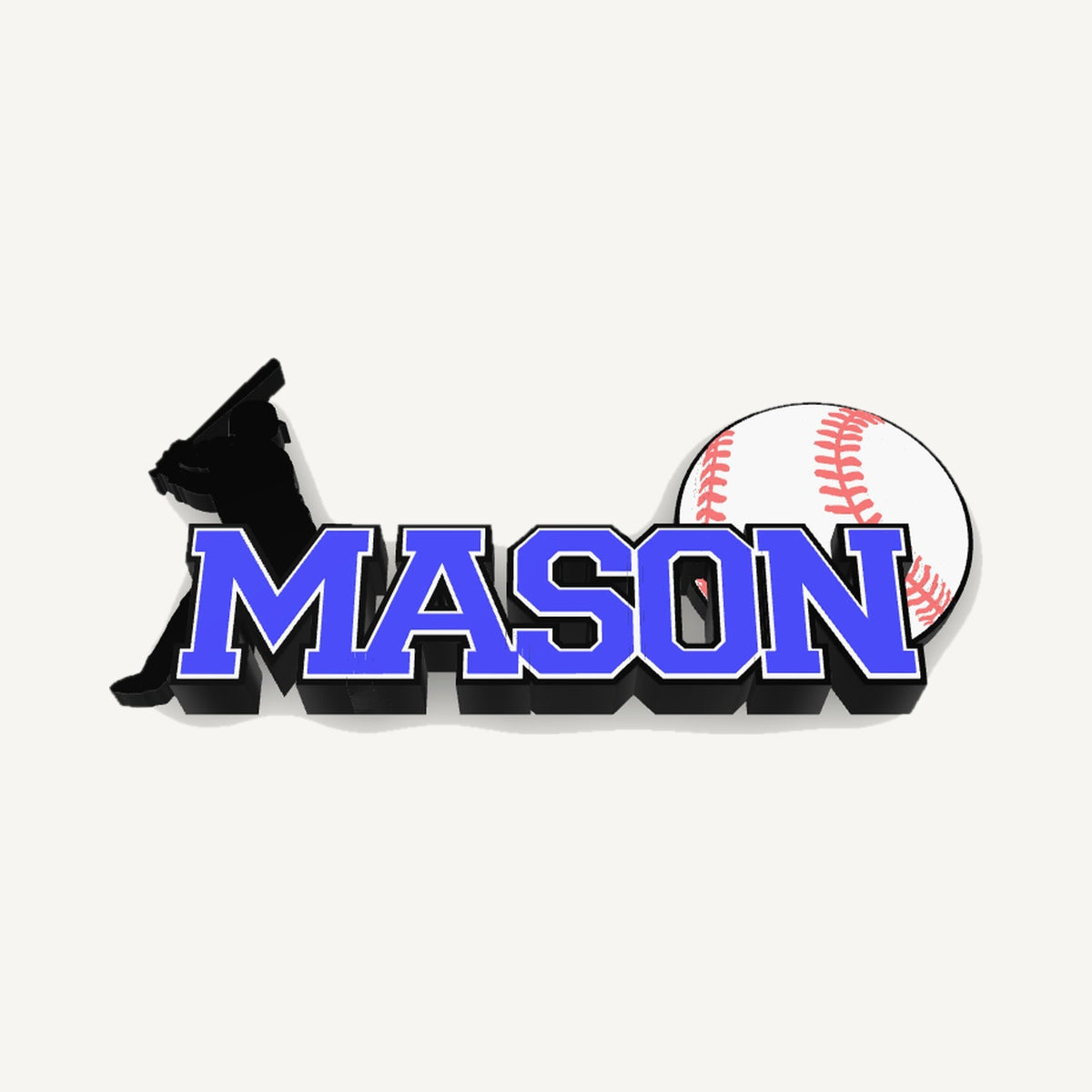 Personalized baseball nameplate "MASON" in blue, white and black with batter and ball, 3D preview