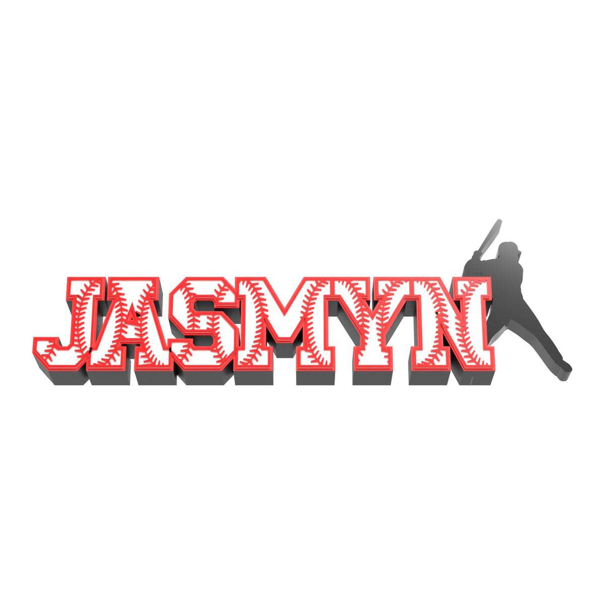 Personalized baseball stitch nameplate JASMYN with red stitches, red outline, black base and a batter silhouette