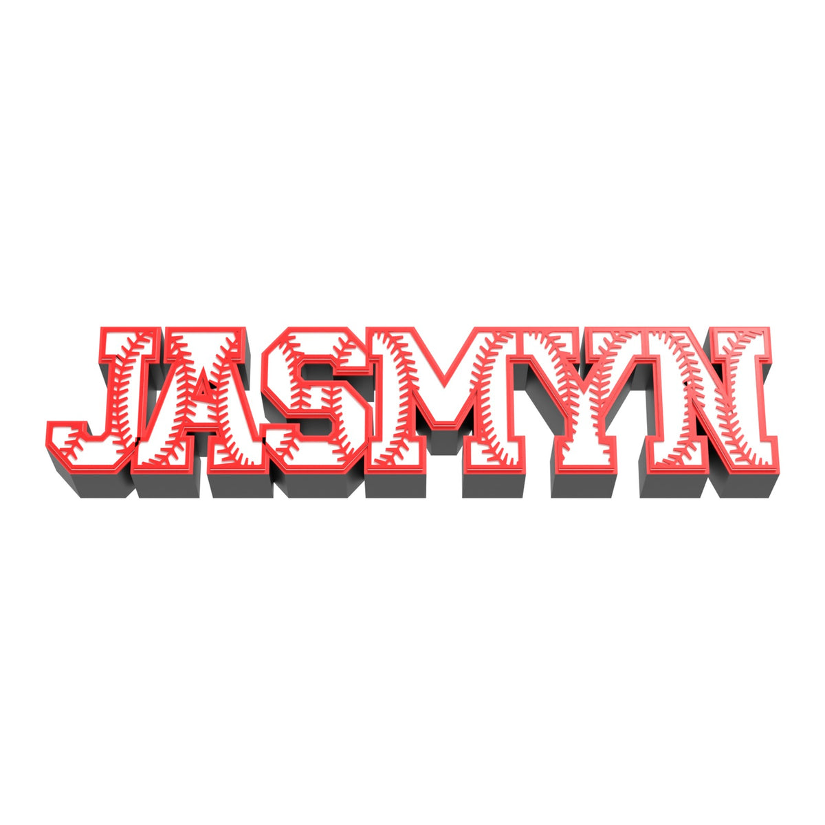Personalized baseball stitch nameplate JASMYN, red stitches in white varsity letters with a red outline on a black base, 3D printed