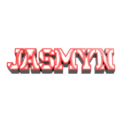 Personalized baseball stitch nameplate JASMYN, red stitches in white varsity letters with a red outline on a black base, 3D printed