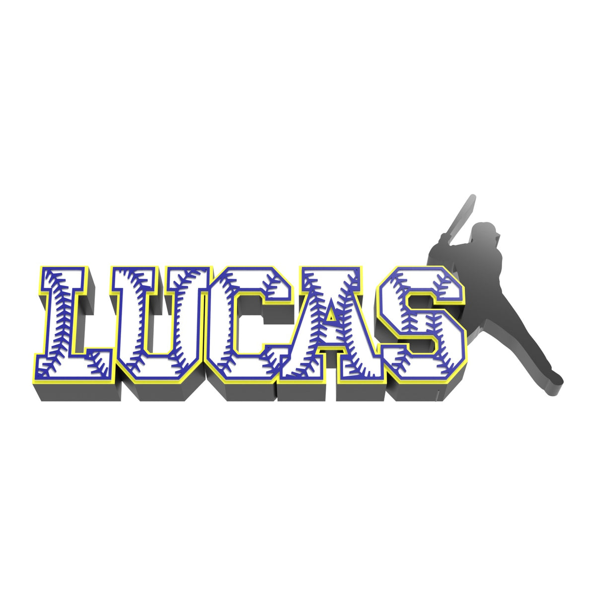 Custom baseball stitch name sign LUCAS with navy stitches, yellow outline and a batter silhouette, 3D printed