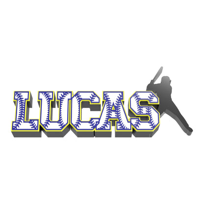 Custom baseball stitch name sign LUCAS with navy stitches, yellow outline and a batter silhouette, 3D printed