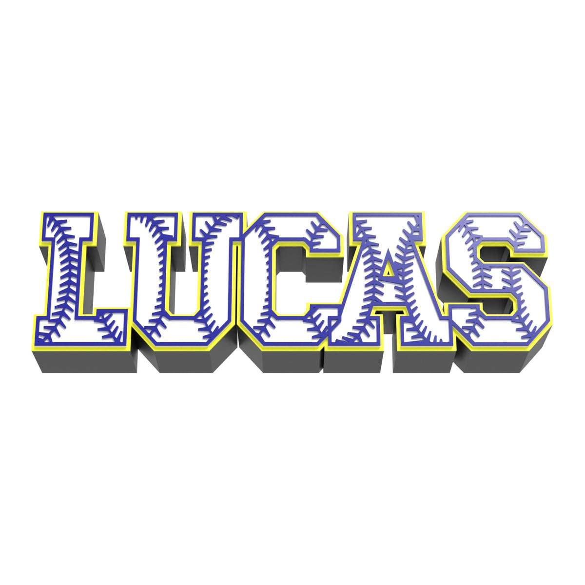 Custom baseball stitch name sign LUCAS with navy stitches and a yellow outline on a black base, 3D printed