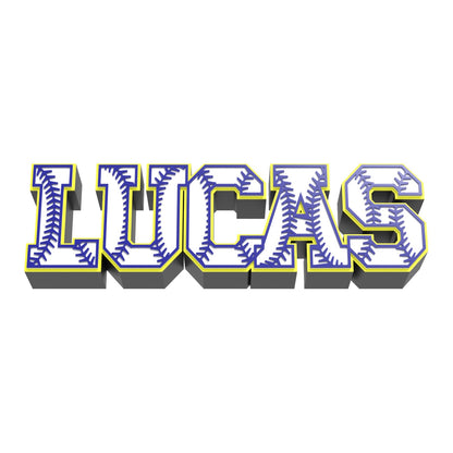 Custom baseball stitch name sign LUCAS with navy stitches and a yellow outline on a black base, 3D printed