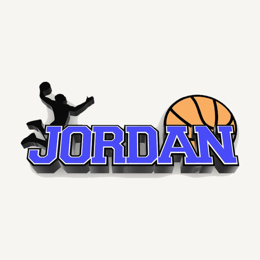 Personalized basketball nameplate "JORDAN" in blue, white and black with player silhouette and ball, 3D preview