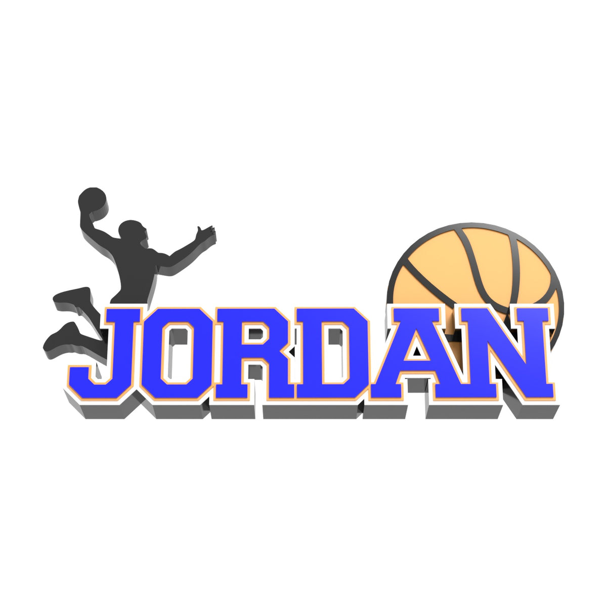 Personalized basketball nameplate "JORDAN" in blue with player silhouette and basketball