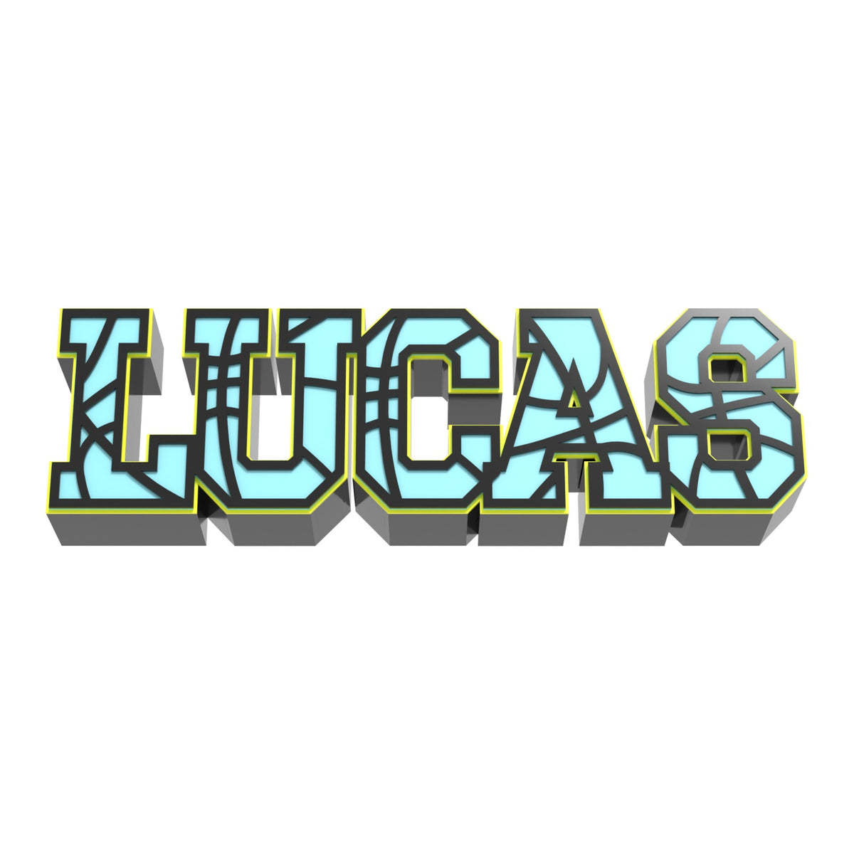 Custom basketball stitch name sign LUCAS in light blue letters with black seams and a yellow outline