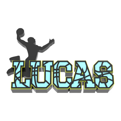 Custom basketball stitch name sign LUCAS in light blue with a yellow outline and a basketball player silhouette