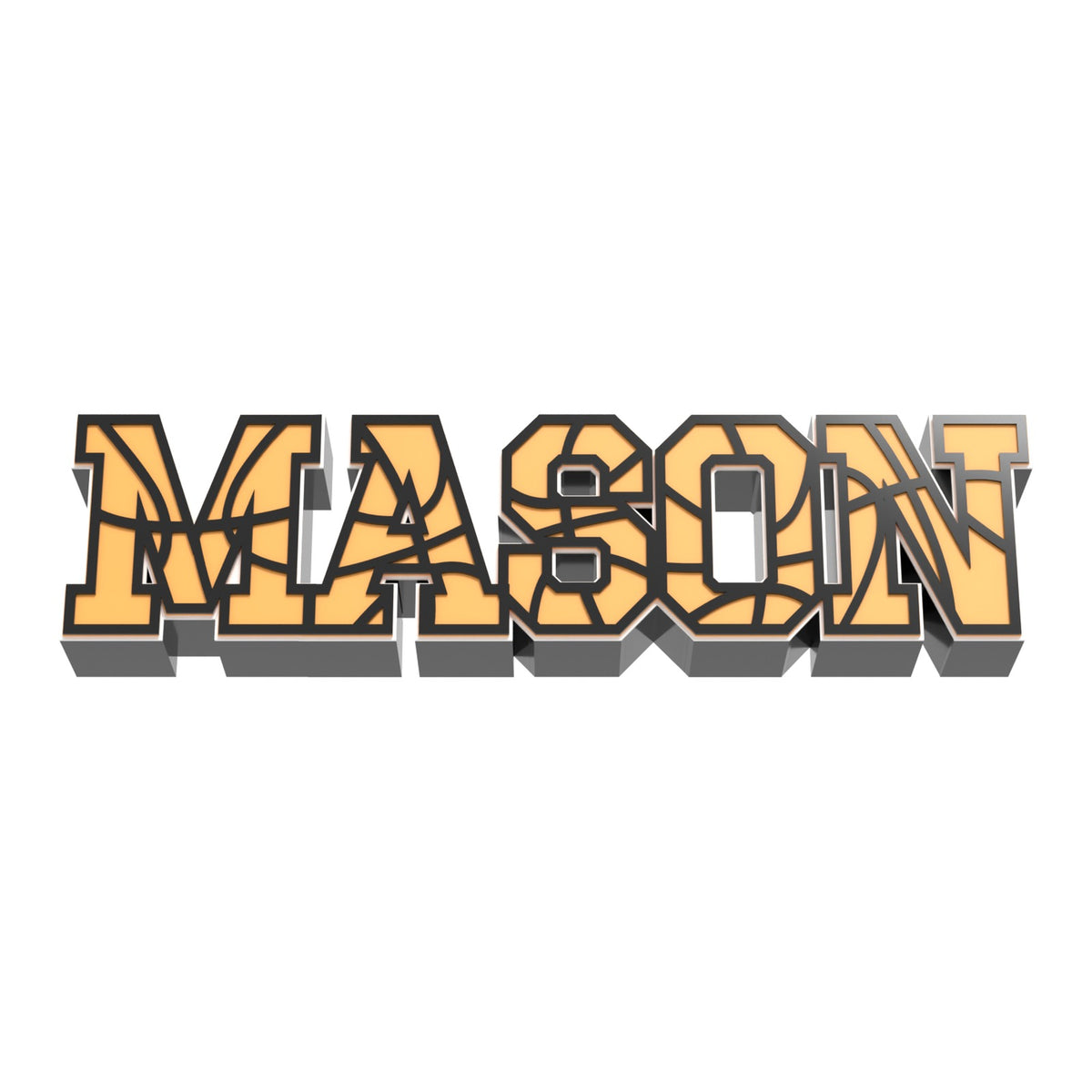 Personalized basketball stitch nameplate MASON, orange varsity letters with black basketball seams, white outline and black base