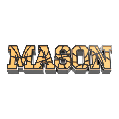 Personalized basketball stitch nameplate MASON, orange varsity letters with black basketball seams, white outline and black base