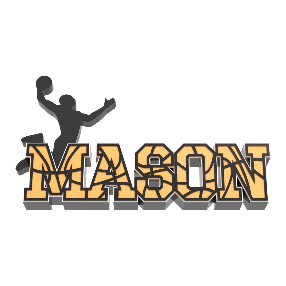 Personalized basketball stitch nameplate MASON with orange letters, black basketball seams and a dunking player silhouette