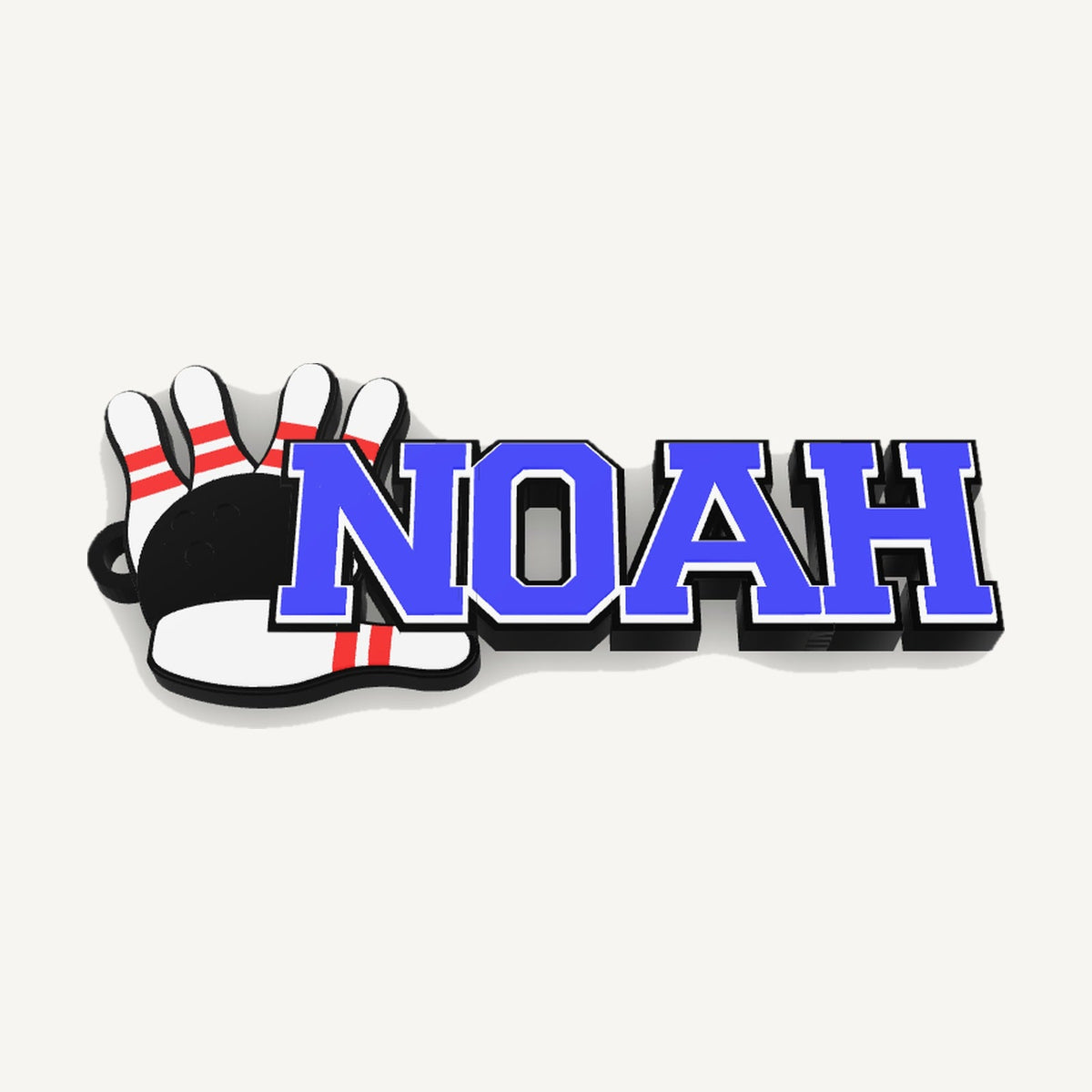 Personalized bowling bag tag "NOAH" in blue, white and black, 3D preview