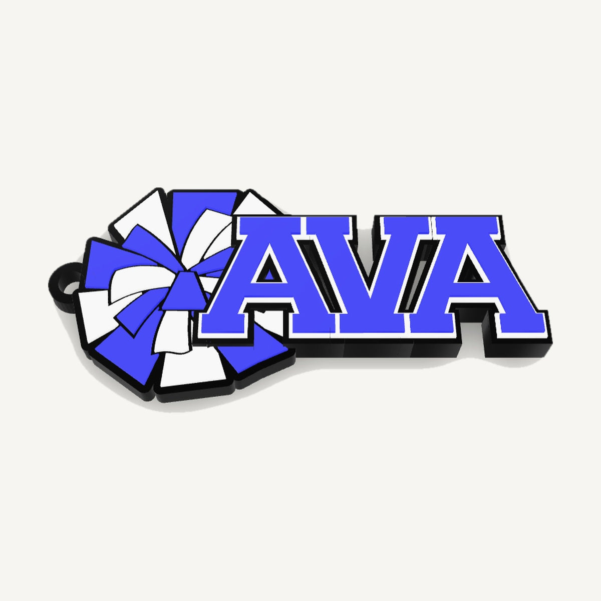 Personalized cheerleading bag tag "AVA" with pom-pom in blue, white and black, 3D preview