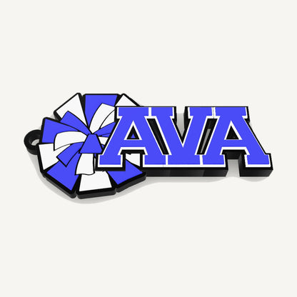 Personalized cheerleading bag tag "AVA" with pom-pom in blue, white and black, 3D preview