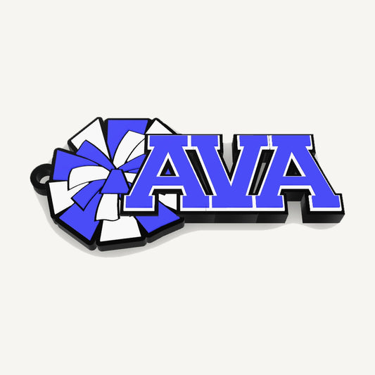 Personalized cheerleading bag tag "AVA" with pom-pom in blue, white and black, 3D preview