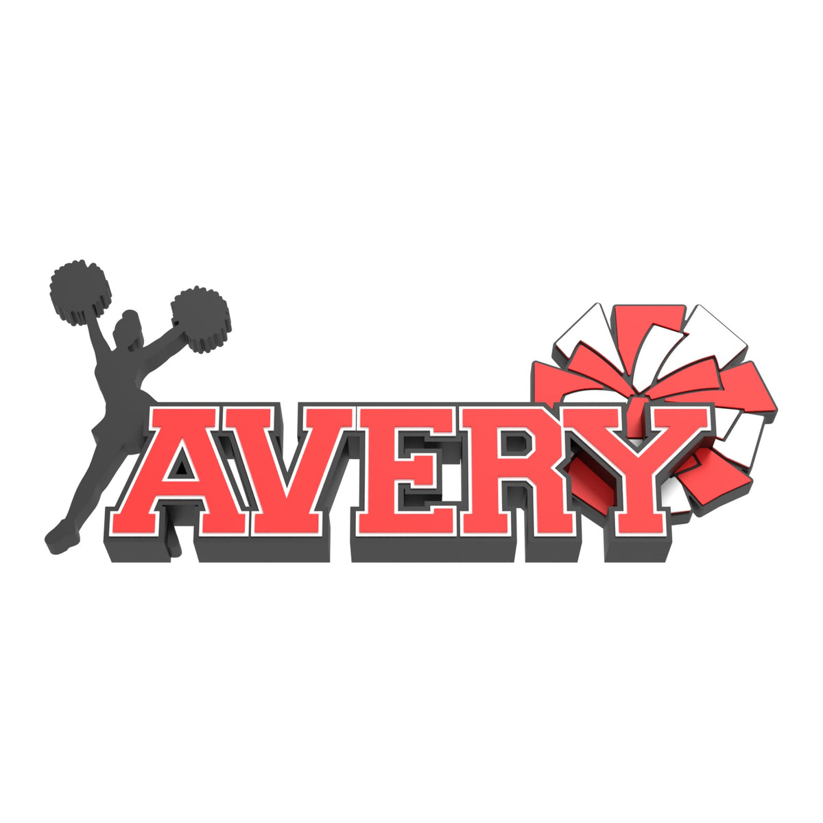 Custom cheer nameplate AVERY in red and white with a cheerleader silhouette and a red and white pom-pom, 3D printed