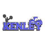 Personalized cheerleading nameplate with the name KENLEY in blue varsity letters, a black cheerleader silhouette and a blue and white pom-pom