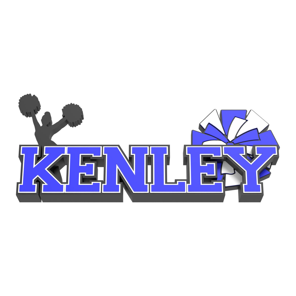 Personalized cheerleading nameplate with the name KENLEY in blue varsity letters, a black cheerleader silhouette and a blue and white pom-pom