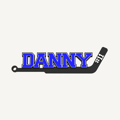 Personalized hockey goalie stick bag tag "DANNY #11" in blue, white and black