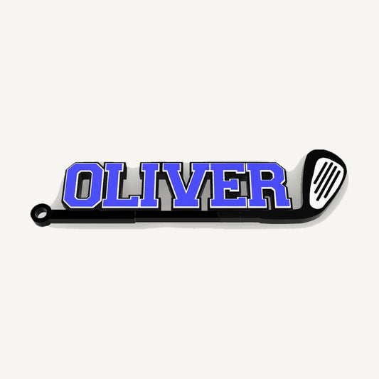 Personalized golf bag tag "OLIVER" in blue, white and black, 3D preview