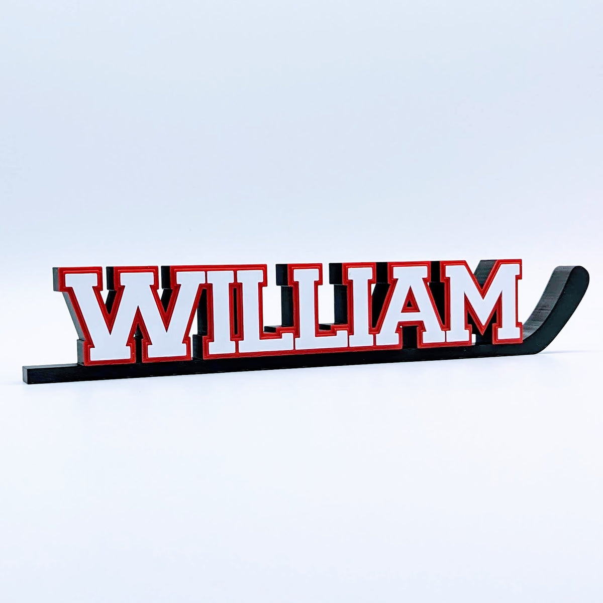 Personalized hockey stick nameplate "WILLIAM" in white and red