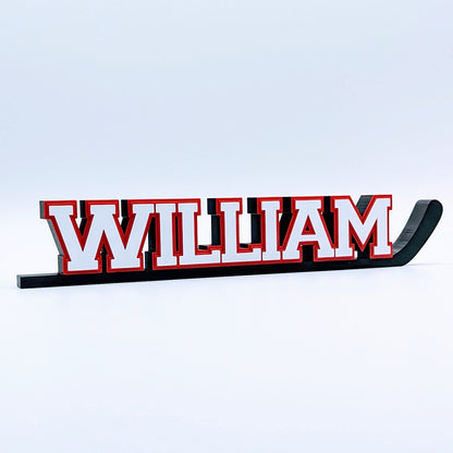Personalized hockey stick nameplate "WILLIAM" in white and red