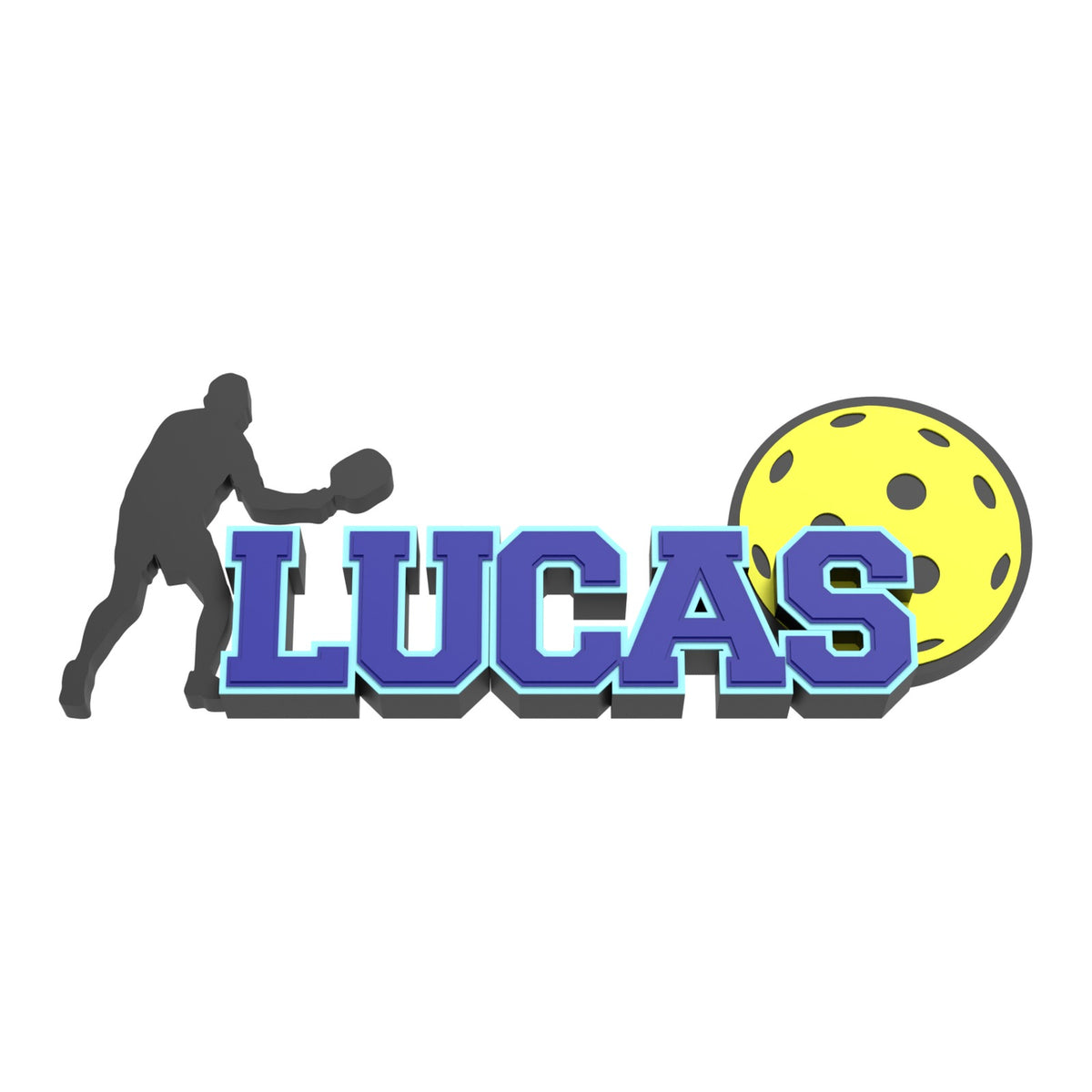 LUCAS pickleball nameplate in navy letters with white and pale blue outlines, a player and a yellow perforated ball