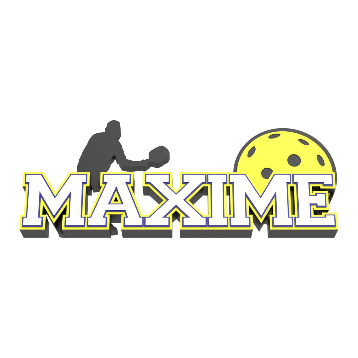 MAXIME pickleball nameplate in white varsity letters with navy and yellow outlines, a black player and a yellow perforated ball