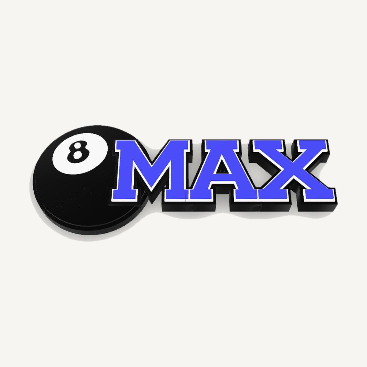 Personalized pool & billiards bag tag "MAX" in blue, white and black, 3D preview