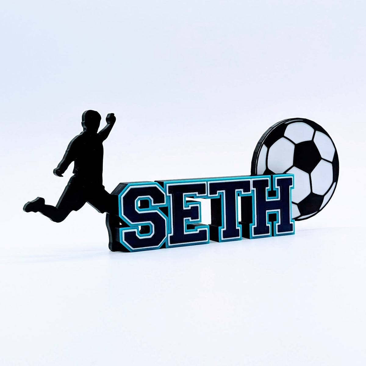 Personalized soccer nameplate "SETH" in navy and teal, player gift