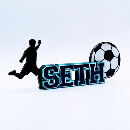 Personalized soccer nameplate "SETH" in navy and teal, player gift