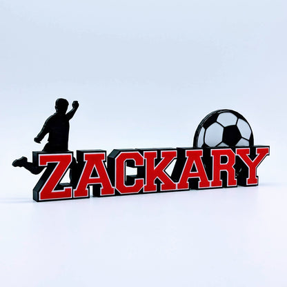 Personalized soccer nameplate "ZACKARY" in red and black, bedroom decor