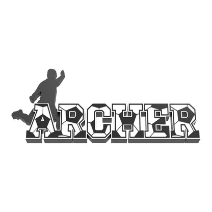 Personalized soccer stitch nameplate ARCHER with black soccer ball panels, black base and a black soccer player silhouette