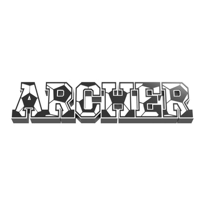Personalized soccer stitch nameplate ARCHER, white varsity letters with black soccer ball panels on a black base