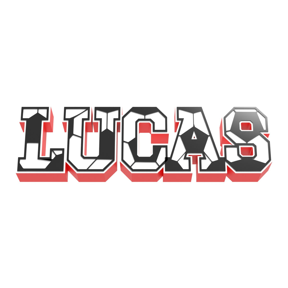 Custom soccer stitch name sign LUCAS with black soccer ball panels on a red base